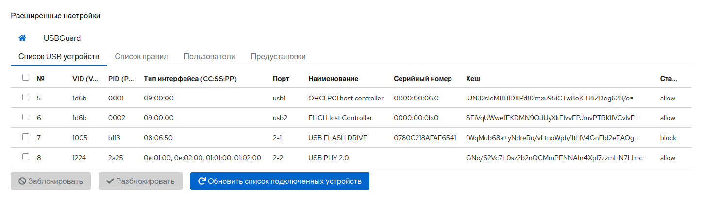 Cockpit: вкладка "Список USB устройств"