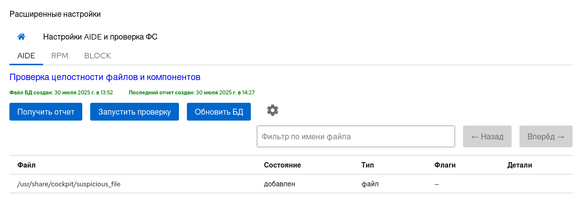 Cockpit: вкладка "Aide", отчет